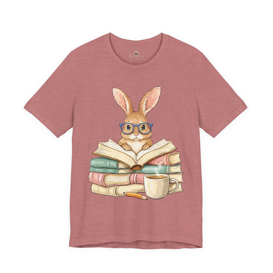 Reading Rabbit T‑Shirt — Cute Bunny with Books & Coffee Graphic Tee