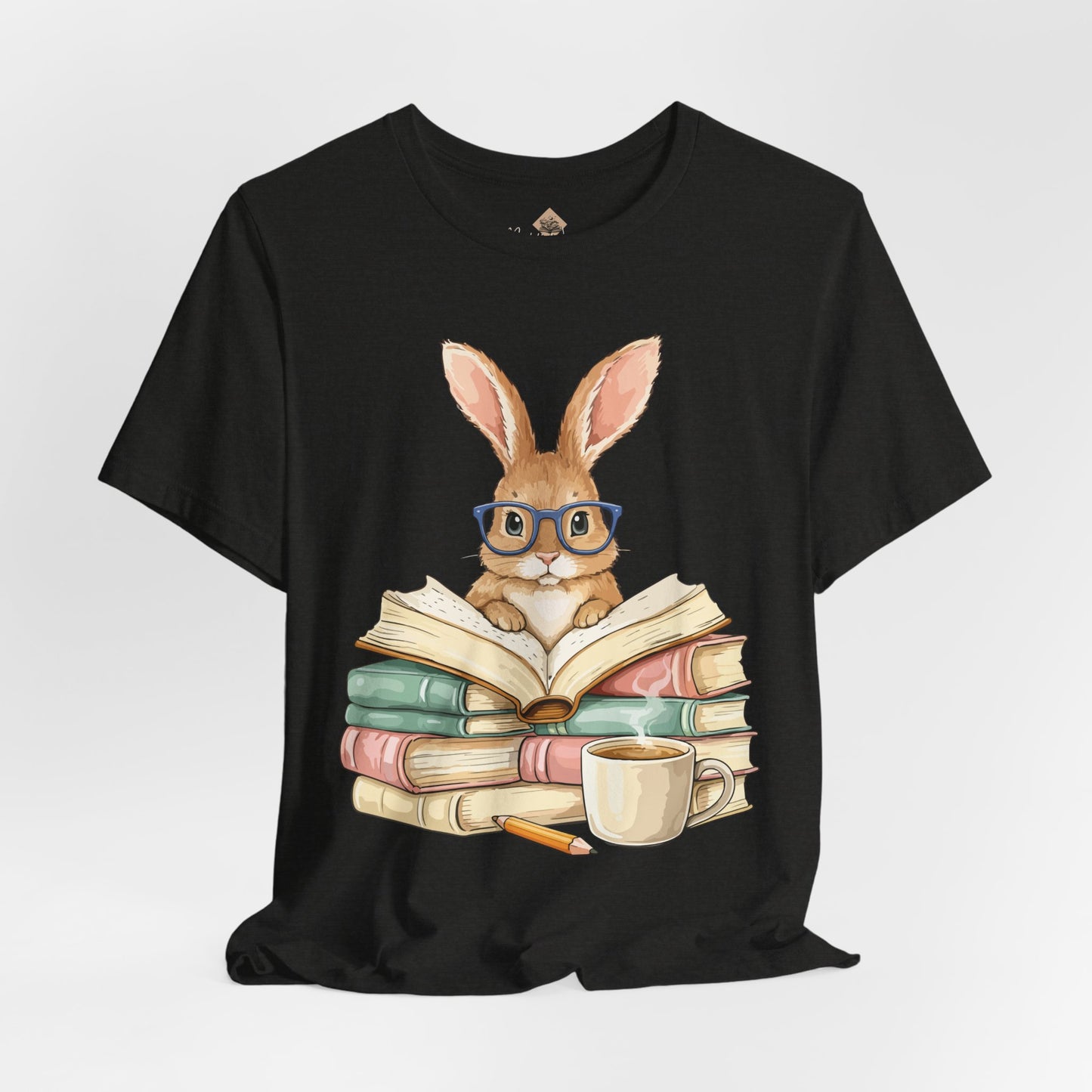 Reading Rabbit T‑Shirt — Cute Bunny with Books & Coffee Graphic Tee