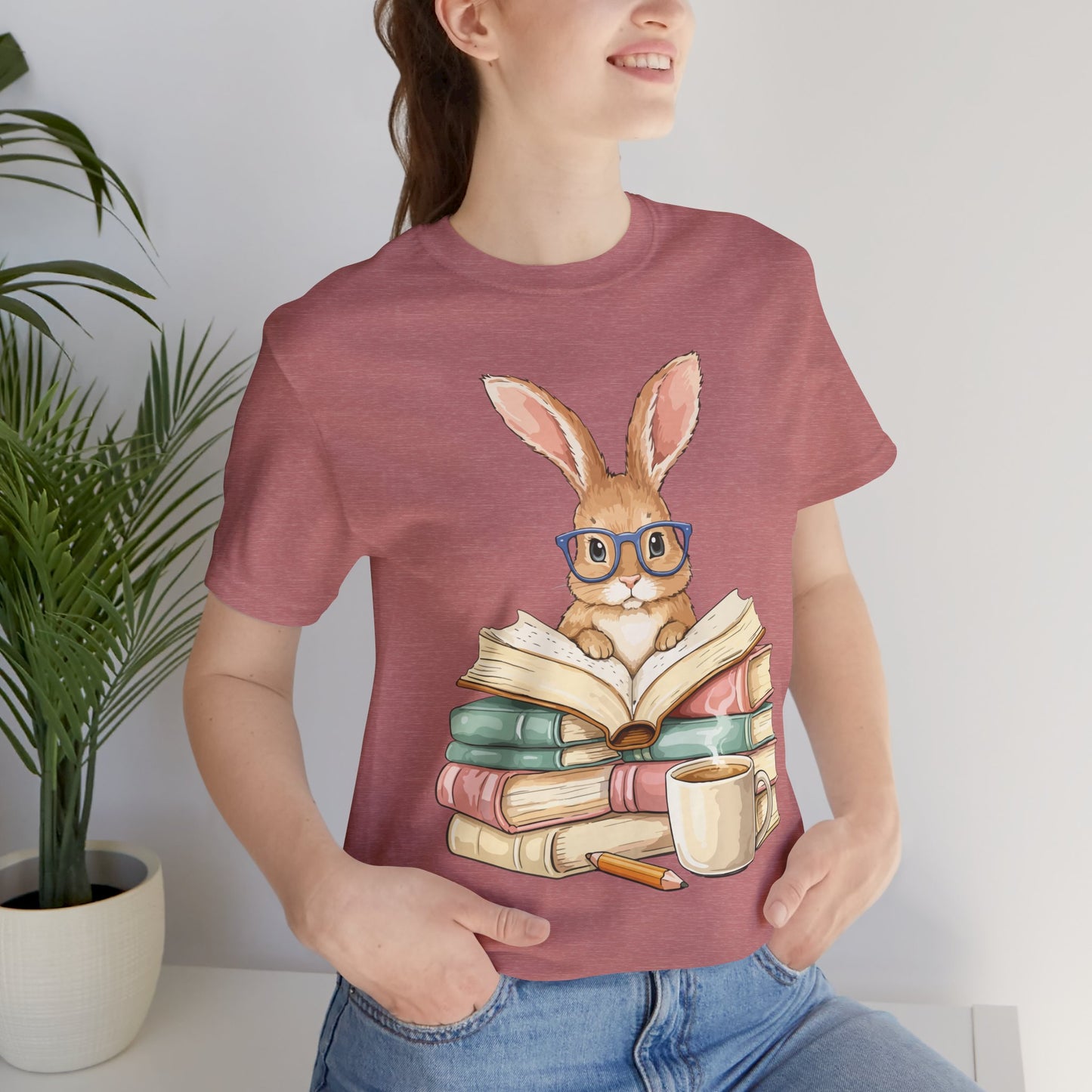 Reading Rabbit T‑Shirt — Cute Bunny with Books & Coffee Graphic Tee