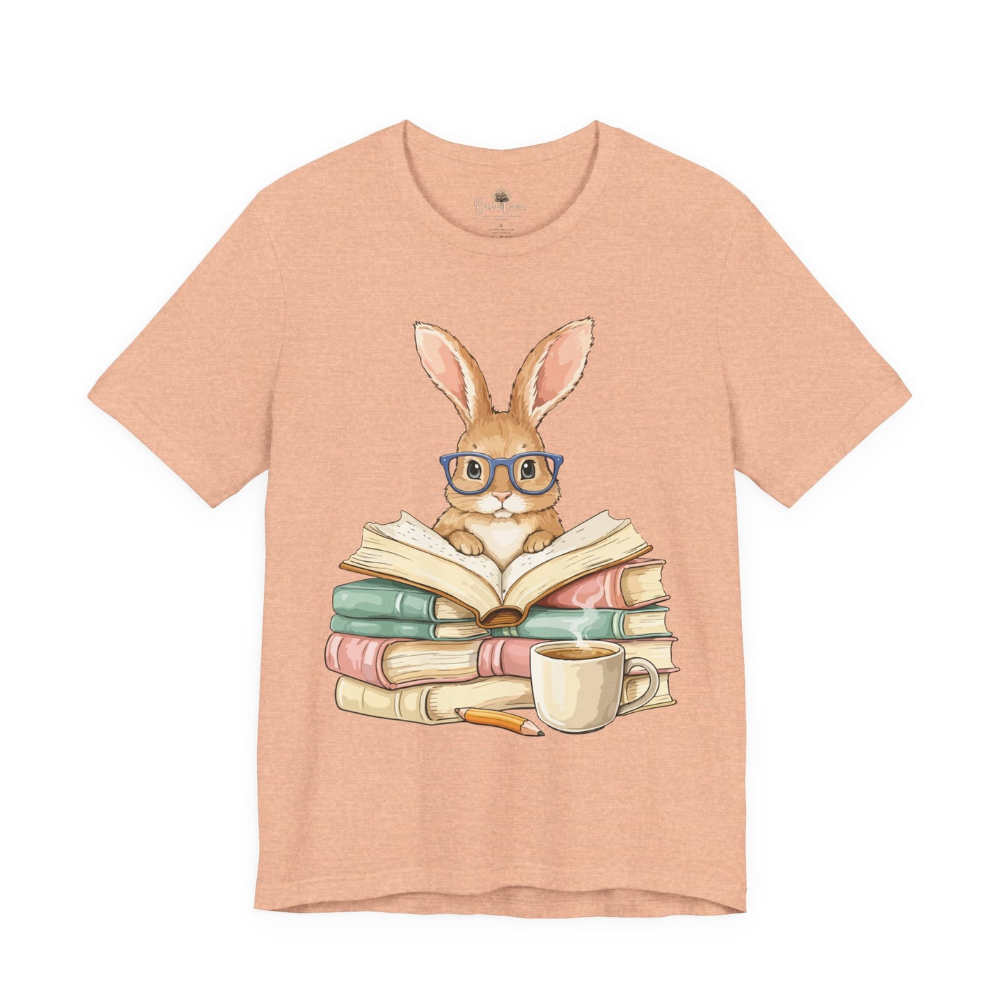Reading Rabbit T‑Shirt — Cute Bunny with Books & Coffee Graphic Tee