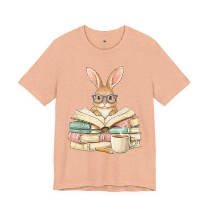 Reading Rabbit T‑Shirt — Cute Bunny with Books & Coffee Graphic Tee