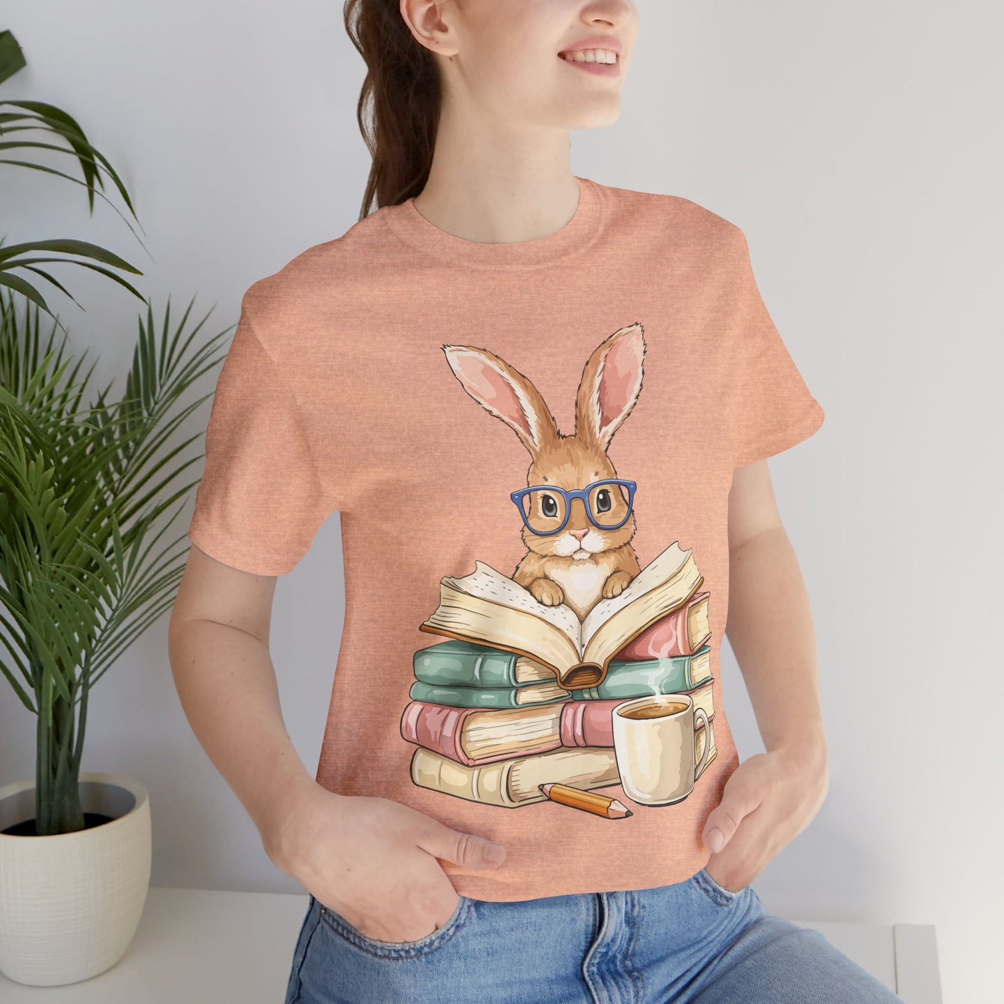 Reading Rabbit T‑Shirt — Cute Bunny with Books & Coffee Graphic Tee