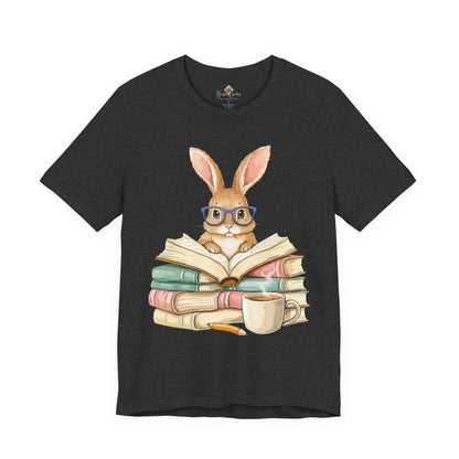 Reading Rabbit T‑Shirt — Cute Bunny with Books & Coffee Graphic Tee
