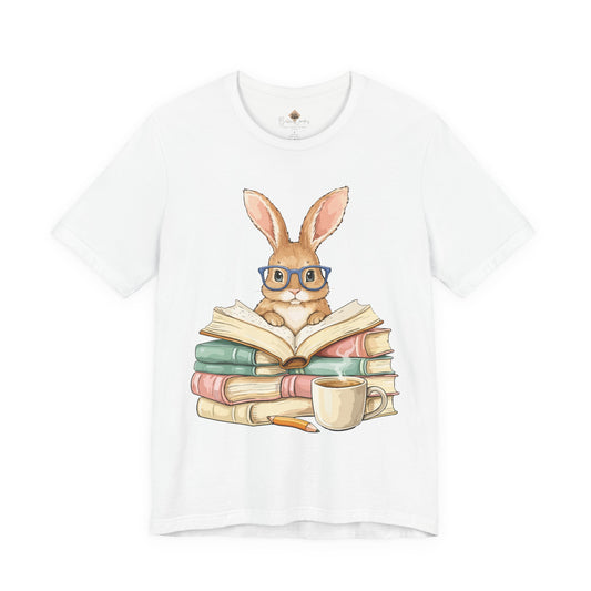 Reading Rabbit T‑Shirt — Cute Bunny with Books & Coffee Graphic Tee