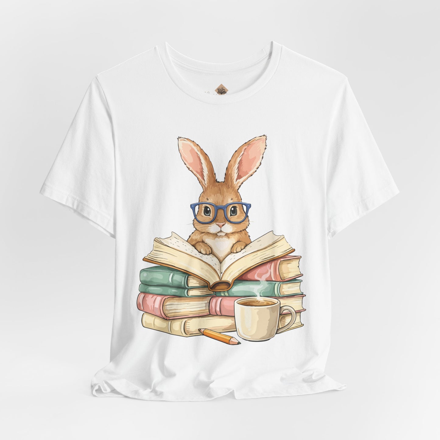 Reading Rabbit T‑Shirt — Cute Bunny with Books & Coffee Graphic Tee