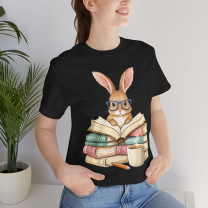 Reading Rabbit T‑Shirt — Cute Bunny with Books & Coffee Graphic Tee