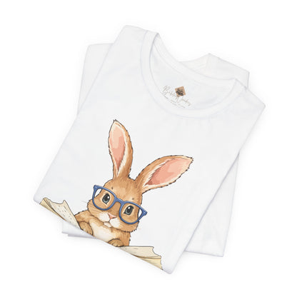 Reading Rabbit T‑Shirt — Cute Bunny with Books & Coffee Graphic Tee