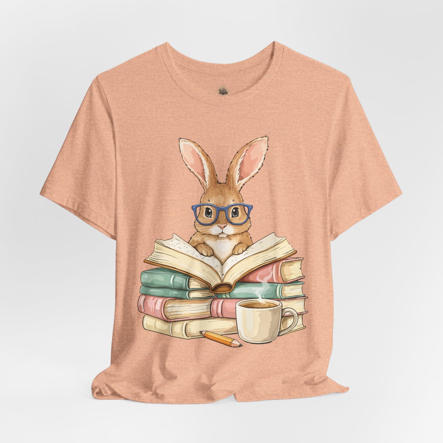 Reading Rabbit T‑Shirt — Cute Bunny with Books & Coffee Graphic Tee