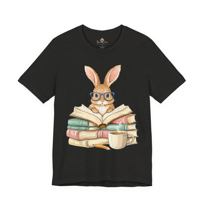Reading Rabbit T‑Shirt — Cute Bunny with Books & Coffee Graphic Tee