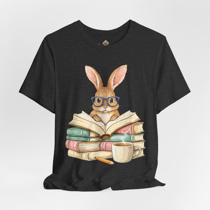 Reading Rabbit T‑Shirt — Cute Bunny with Books & Coffee Graphic Tee