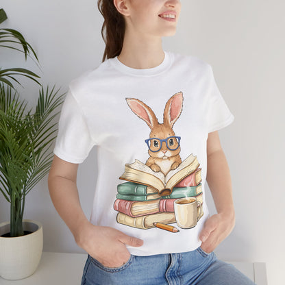 Reading Rabbit T‑Shirt — Cute Bunny with Books & Coffee Graphic Tee
