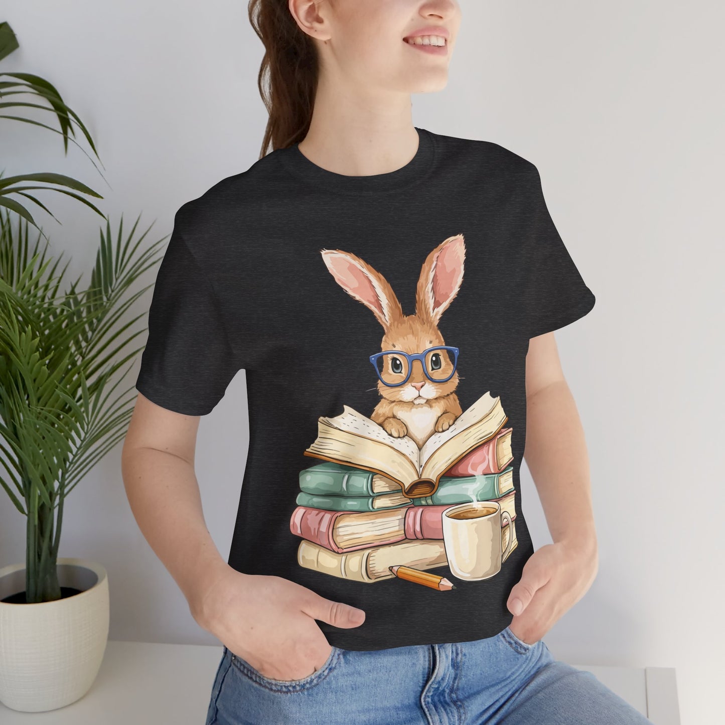Reading Rabbit T‑Shirt — Cute Bunny with Books & Coffee Graphic Tee