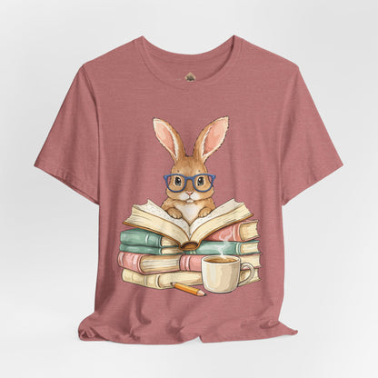 Reading Rabbit T‑Shirt — Cute Bunny with Books & Coffee Graphic Tee