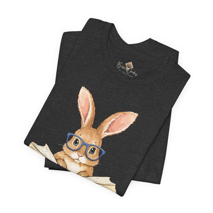 Reading Rabbit T‑Shirt — Cute Bunny with Books & Coffee Graphic Tee